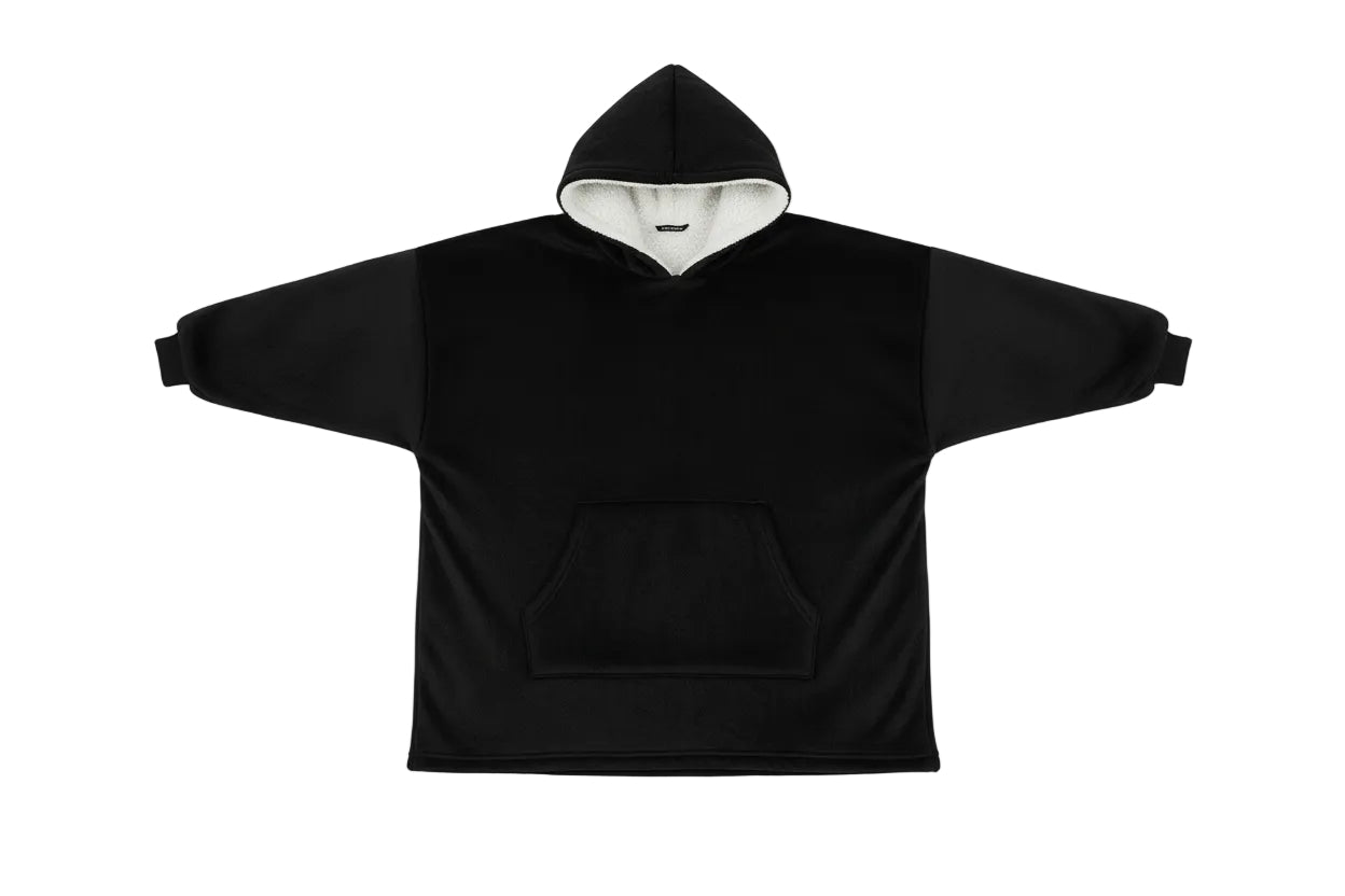 Blanket Hoodie Black - Sherpa lining - Wearable Blanket shown in a studio shot
